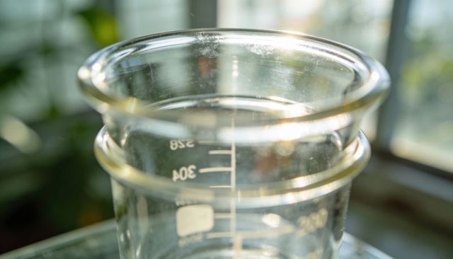 Sunlit glass graduated beaker with visible volume markings on lab bench and plant bokeh