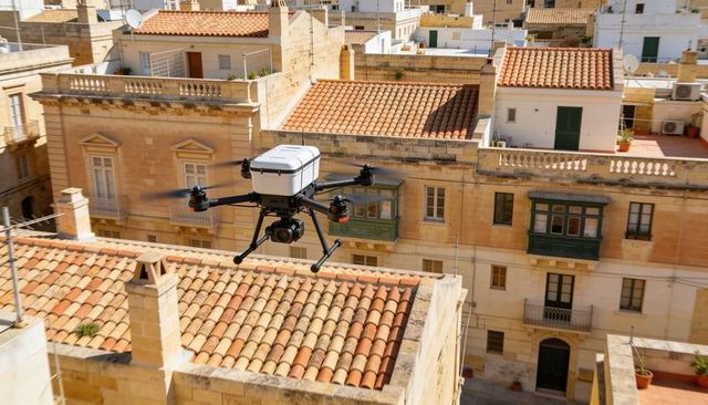 Autonomous drone filming terracotta roofscape over mediterranean coastal town