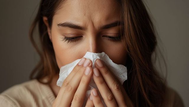 Woman holding tissue close up expressing discomfort and illness
