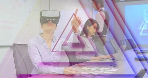 Team testing virtual reality collaboration in boardroom with vr headset and whiteboard