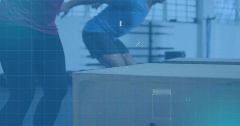 Athlete landing on wooden plyo box during plyometric training with hud overlay