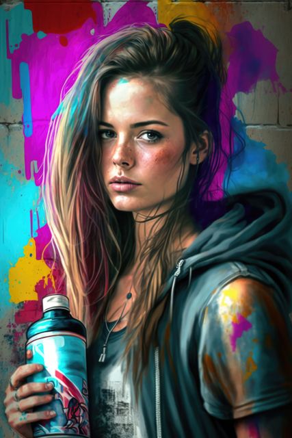 Wall covered in graffiti with caucasian woman portrait created using generative ai technology. Graffiti, urban art and colour concept digitally generated image.