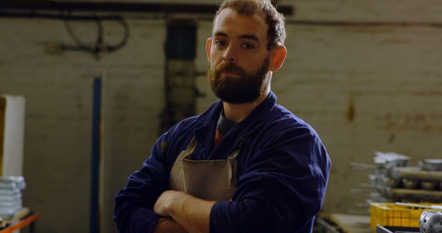 Confident Male Workshop Laborer with Beard and Apron - Download Free Stock Images Pikwizard.com