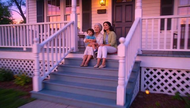 Three-generation family sitting on front porch steps at dusk holding toddler in warm evening light