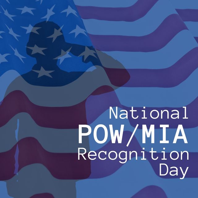 Illustration of flag of america and army soldier saluting with national pow mia recognition day text. copy space, military, armed forces, honor, veteran, vietnam war, memorial event and patriotism.