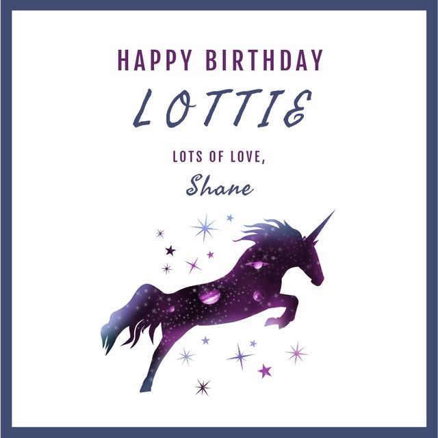 This mystical unicorn birthday greeting card features a vibrant purple unicorn leaping with scattered stars around it. Its fantasy theme and elegant design make it perfect for personalizing and sending to friends and loved ones on their special day. Ideal for creating a memorable and enchanting birthday greeting.