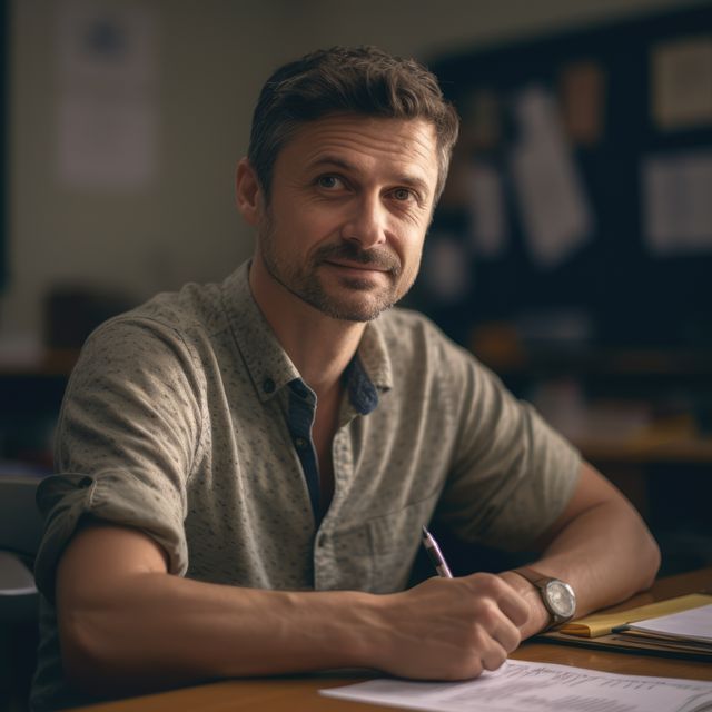 Male teacher smiling while working at desk during preparation. Signifies professionalism, confidence, mentoring and education setting. Ideal for use in articles or media related to education, teaching methods, teacher's daily life, academic settings, or educational advertisements.
