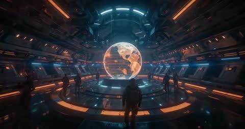 Astronaut Analyzing Holographic Earth in Futuristic Spacecraft