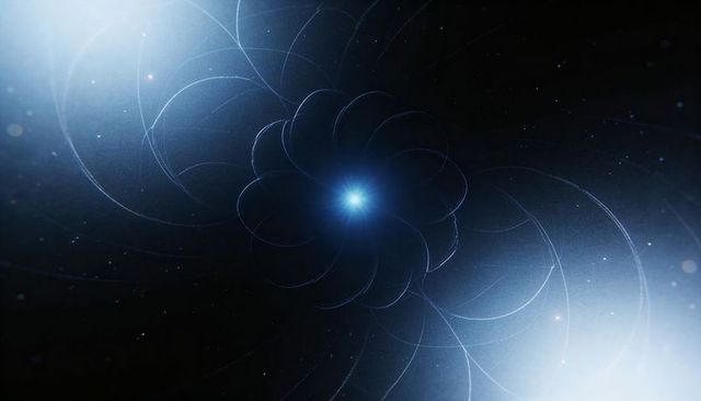 Pulsing blue spiral nebula with translucent petal arcs, neon glow and bokeh