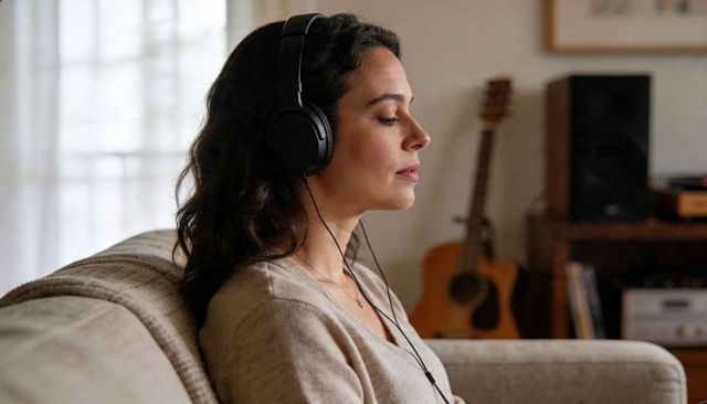 Woman listening with headphones on sofa, closing eyes in warm cozy living room atmosphere