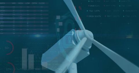 Wind Turbine Against Futuristic Data Overlay and Charts