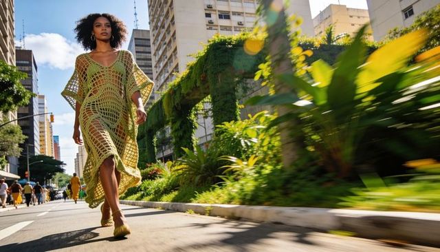Striding model walking sunlit urban boulevard wearing green crochet dress and heels