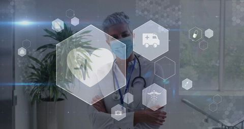 Senior Doctor with Medical Icons in Modern Hospital Setting