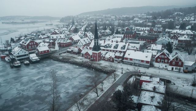 Snowy red waterfront village with church spire rising over frozen harbor, boats, cottages