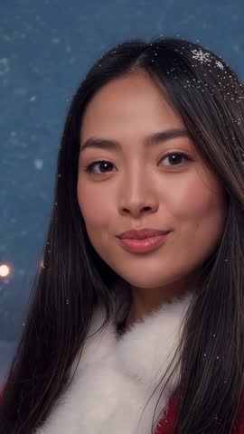 Smiling Asian woman enjoying falling snow in red coat with white fur collar vertical portrait video