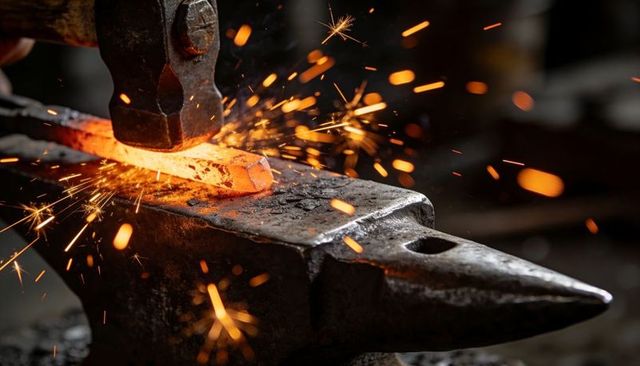 Hot metal forging on worn anvil with hammer sparks and glowing steel close-up, blacksmith