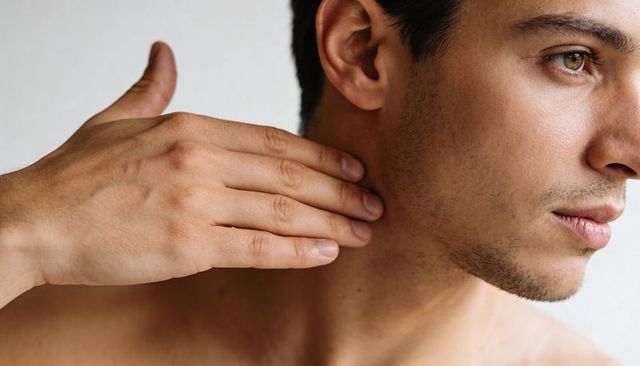 Hand touching male neck closeup showing stubble skin texture and thoughtful right profile