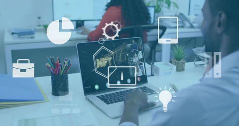 Man sharing nft during virtual meeting on laptop with blockchain and tech icons