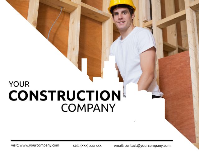 Ideal for use in business marketing materials, this template features a smiling construction worker wearing a hard hat. Great for promoting construction services, contractor businesses, or infrastructure development projects. This can be used on websites, business cards, email newsletters, or promotional flyers.