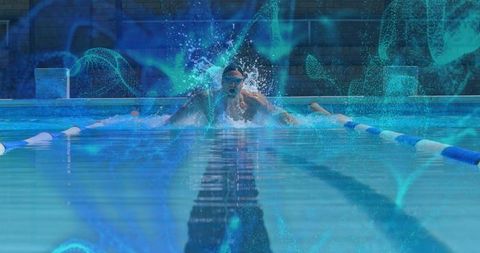 Male Swimmer Performing Butterfly Stroke with Water Splashes
