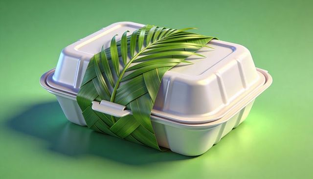 Sustainable takeout container featuring woven palm leaf strap and green tropical clasp