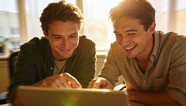 Two men smiling and collaborating over laptop in sunlit modern office workspace