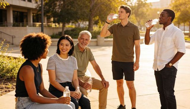 Diverse friends chatting and drinking water on college campus courtyard at golden hour