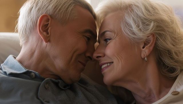 Senior couple sharing tender forehead touch on couch closeup warm intimate moment