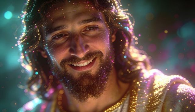 Smiling bearded man wearing gold-trimmed robe glowing with floating glitter and bokeh