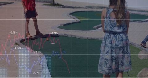 Girls Enjoying Miniature Golf Adventure with Overlaying Graph Data