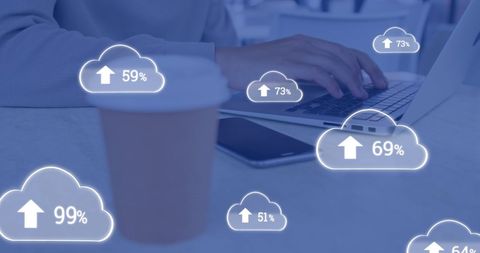 Cloud Computing Metrics Overlaying Busy Coffee Workspace - Download Free Stock Images Pikwizard.com