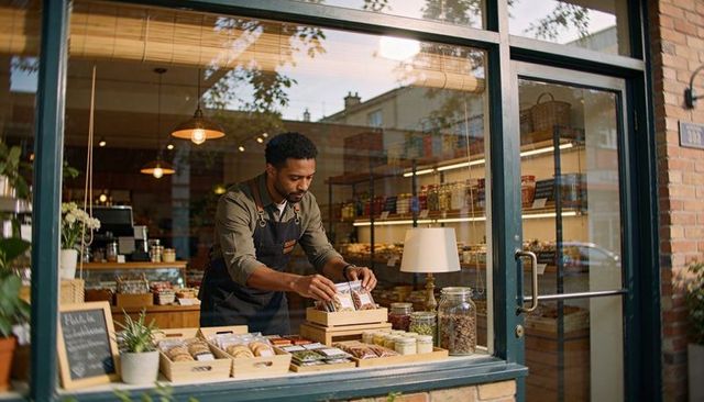 Artisan baker arranging fresh pastries and breads in wood crates at cozy storefront window