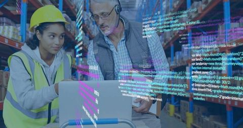 Warehouse Workers Analyzing Data on Laptop Overlaid with Code Snippets, Technology in Logistics
