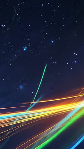 Vertical neon light streaks rising and weaving across starry night sky, cosmic motion loop
