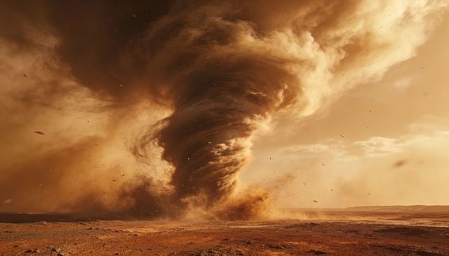 Massive Dust Tornado Rising Over Arid Plain, Towering Sand Vortex Lifting Debris on Parched Horizon