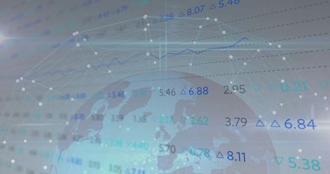 Global data network visualization with analytics overlay, market charts, connected nodes