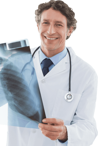 Smiling doctor holding x-ray, transparent background medical image