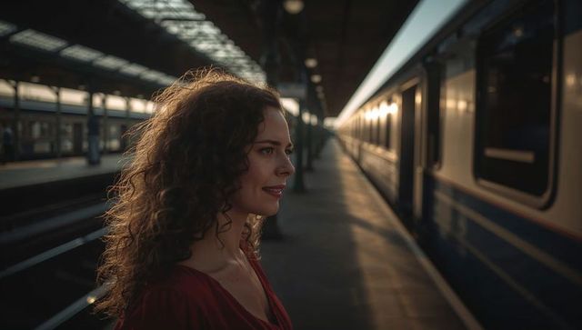 Woman waiting on train platform at golden hour wearing red dress