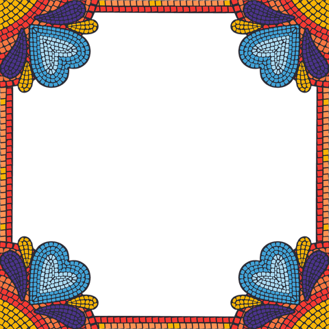 Colorful mosaic frame with heart motifs on transparent background