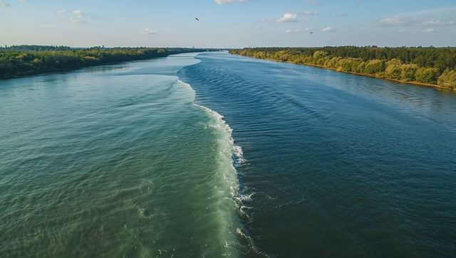Aerial river divide with contrasting water tones and central wake leading toward horizon