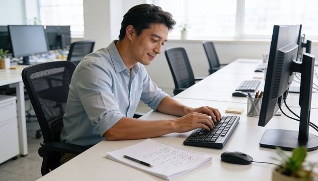 Asian man typing at modern open-plan office desk using desktop computer, focused at work