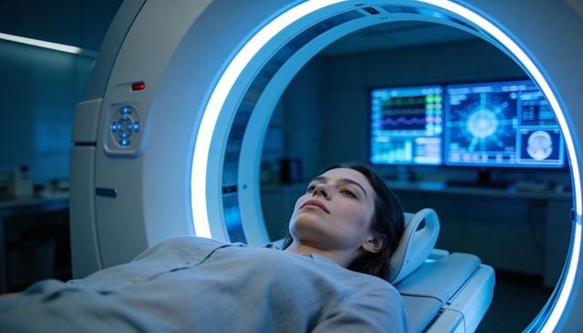 Patient undergoing mri scan inside blue-lit gantry while wearing gray gown and monitored screens