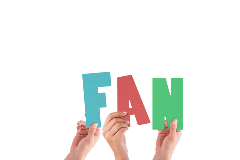 Hands holding colorful transparent letters forming word fan