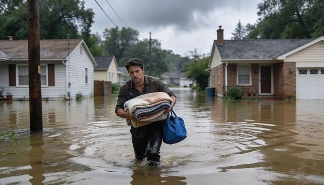 Man wading through floodwaters carrying blankets and duffel in suburban neighborhood