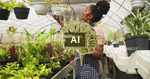 Greenhouse gardener inspecting hanging planter with ai brain overlay for plant monitoring
