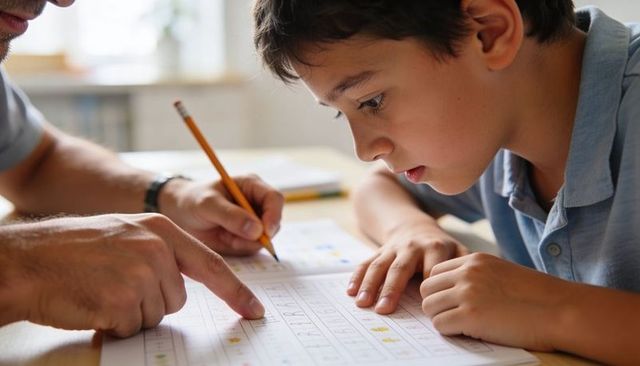 Parent guiding boy practicing handwriting at home table while focusing on letters