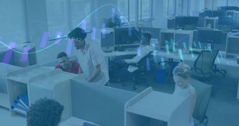 Coworkers Collaborating in Modern Office with Data Visualizations