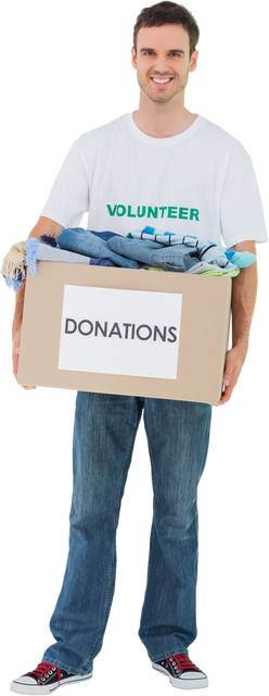 Smiling Man Holding Transparent Donation Box Full of Clothes - Download Free Stock Videos Pikwizard.com