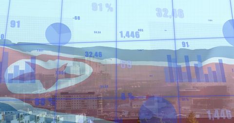 North korean flag overlay on cityscape and data charts