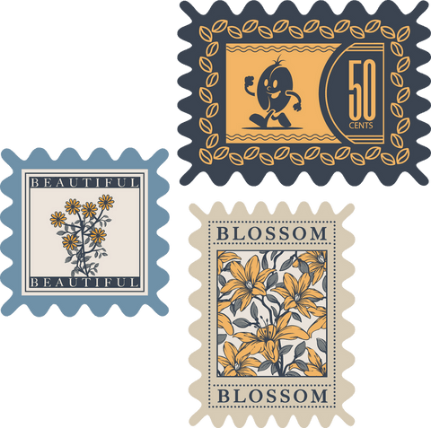 Vintage Floral and Bean Motif Postage Stamps Transparent Design